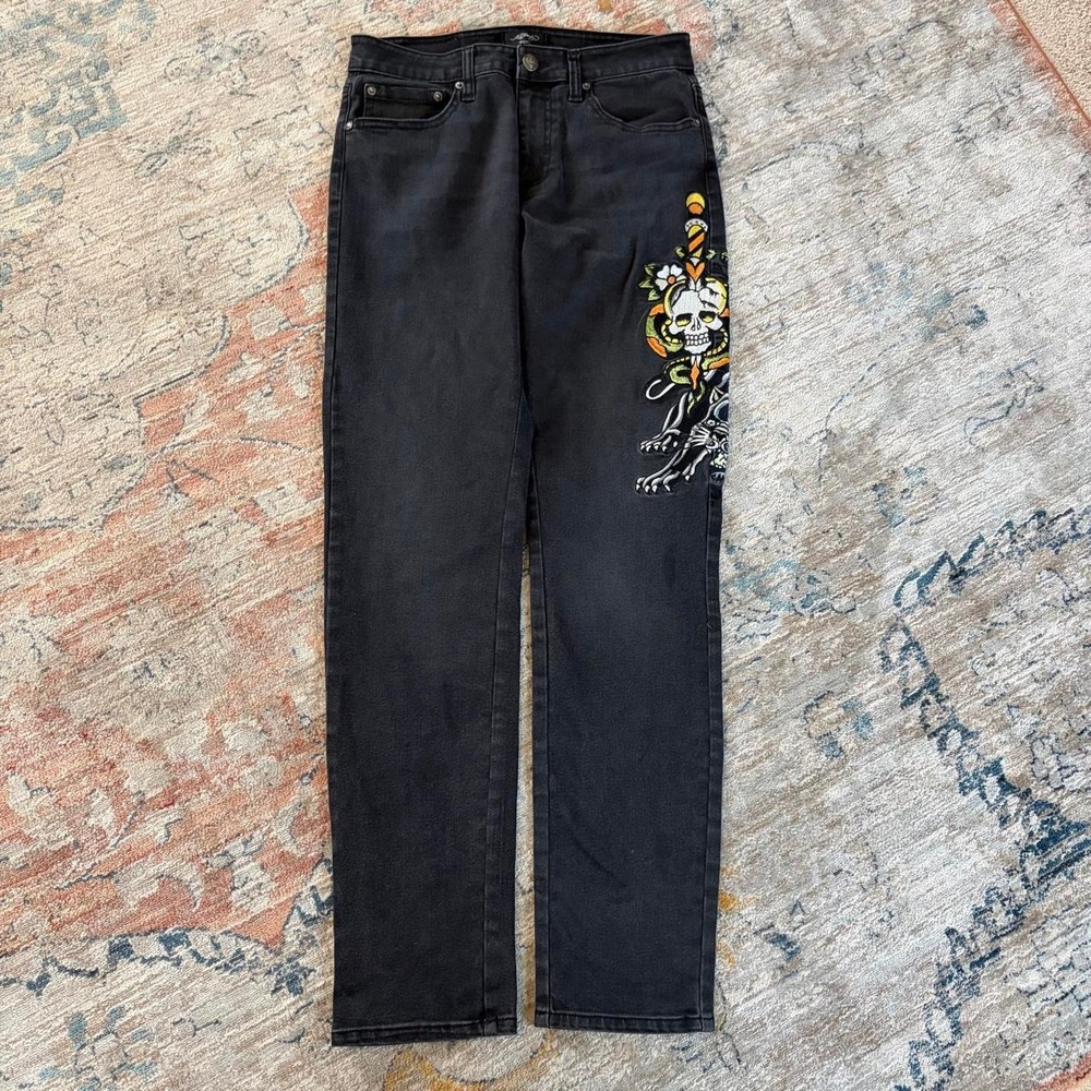 Ed Hardy Baggy Skater Jeans Black Tattoo Skull Panther Graphic Women Size 30